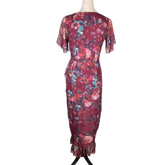 Vone Mireya Burgundy Maroon Chiffon Floral V-neck Ruffle Asymmetrical Midi Dress - Picture 6 of 16